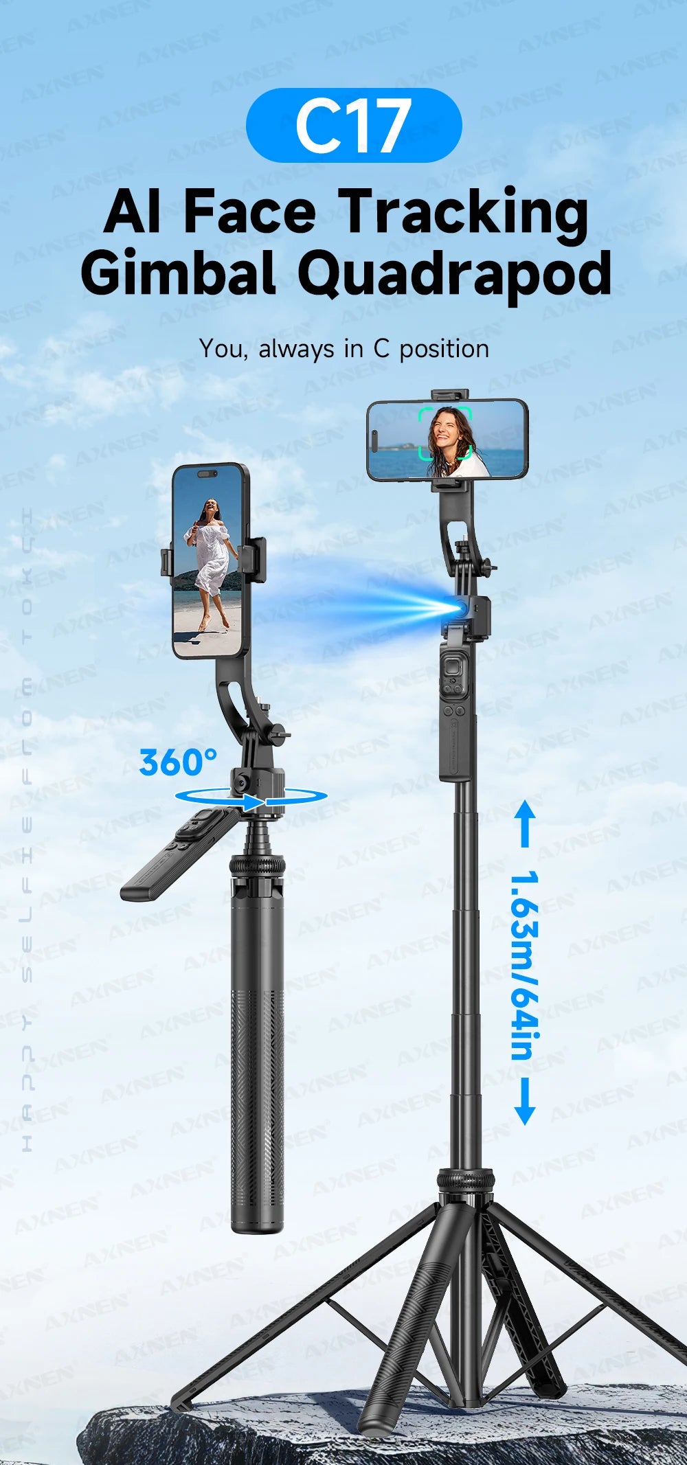 📱 AXNEN C17 Selfie Stick com Rastreamento Facial Inteligente