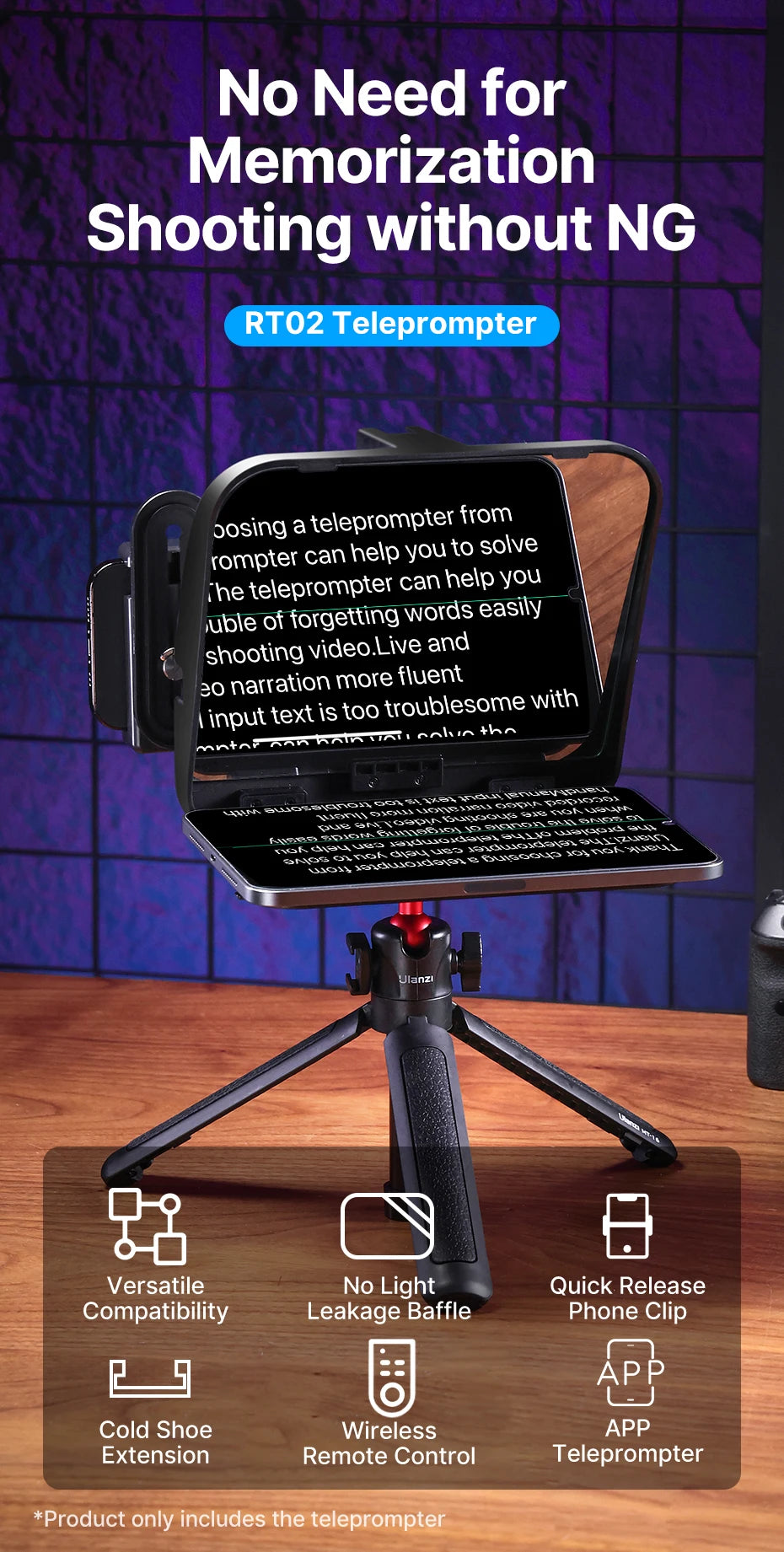 Ulanzi RT02 Teleprompter Sem Montagem Para Celular Tablet E Câmera Com Controle Bluetooth